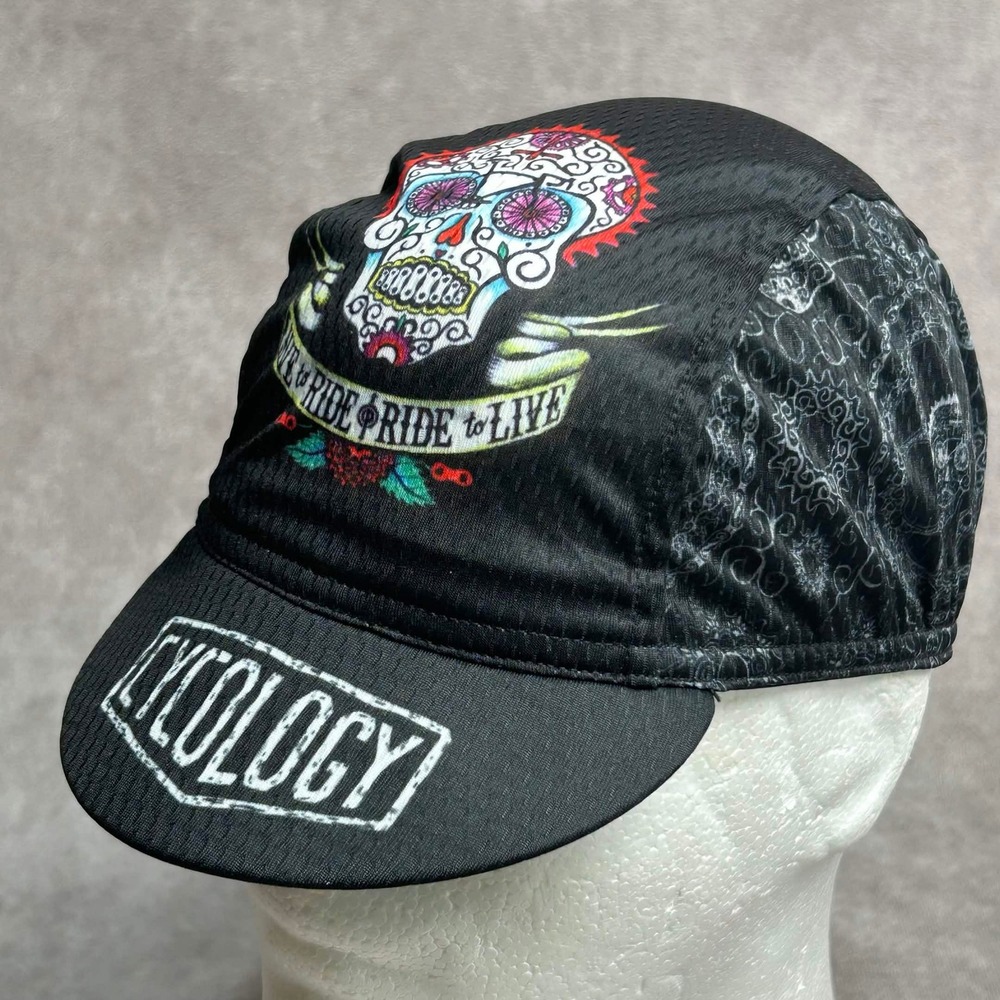 Cycology Day of the Dead Cycling Cap Black Sugar Skull Live to Ride Hat One Size